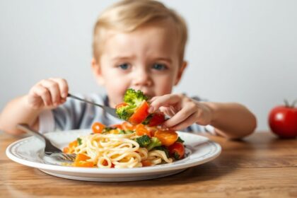 أم تستخدم الحيل الذكية للعشاء لتشجيع طفلها على تناول الطعام.