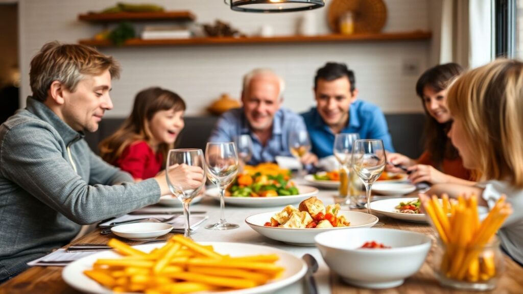 Family enjoying a meal together around a table