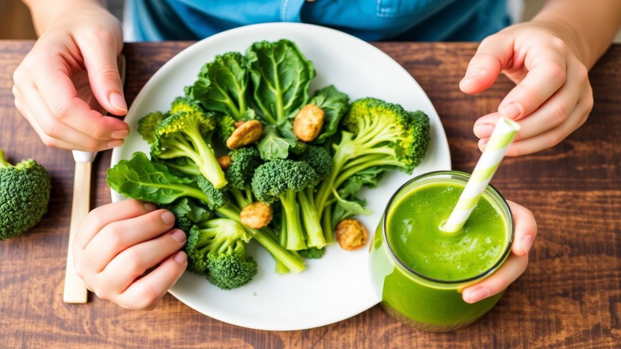 Child happily eating colorful green foods, overcoming fear creatively.