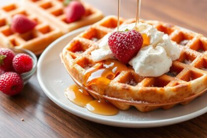 وافل ناعم مغطى بشراب القيقب الذهبي اللذيذ.