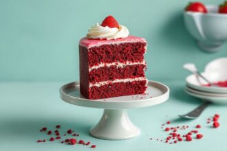 كعكة ريد فيلفيت احتفالية، مزينة بالكريمة، جاهزة للمشاركة.