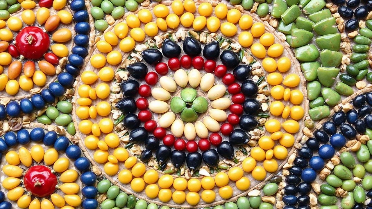 Stunning mosaic art ideas using beans and seeds.