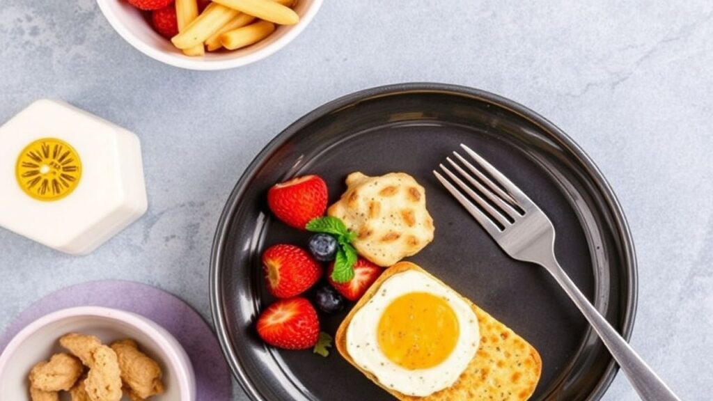 A healthy and colorful dinner plate featuring nutritious recipes for one-year-olds.