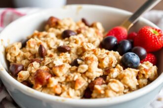 Hearty large family baked oatmeal recipe for cozy mornings.
