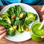 Child happily eating colorful green foods, overcoming fear creatively.
