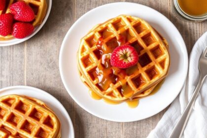 Golden syrup waffles: heavenly soft, drenched in bliss.