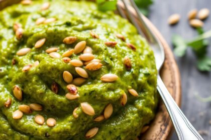 صلصة بيستو جريئة مع بذور اليقطين وجرجير لوجبات مشرقة.