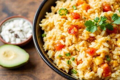 طبق دجاج وأرز خالٍ من الغلوتين، شهي ومغذي.