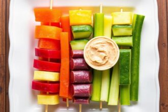 أسياخ خضروات قوس قزح ملونة مع تغميسة منعشة.