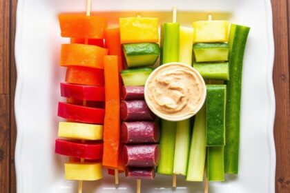 أسياخ خضروات قوس قزح ملونة مع تغميسة منعشة.