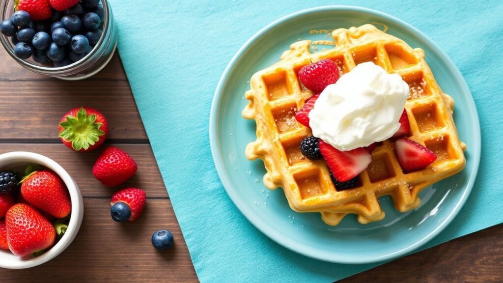 Colorful fruit waffles for kids, a delicious breakfast.