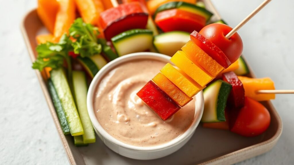 Delicious rainbow veggie skewers with a refreshing dip.