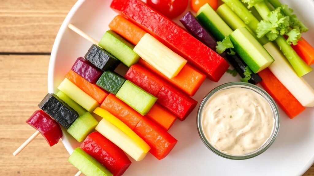 Colorful rainbow veggie skewers for a refreshing snack.