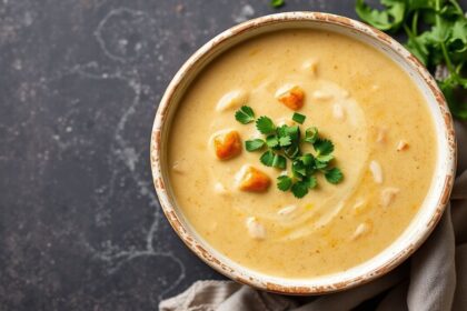 Creamy Tortilla Soup topped with chicken, cilantro, and crispy tortilla strips.