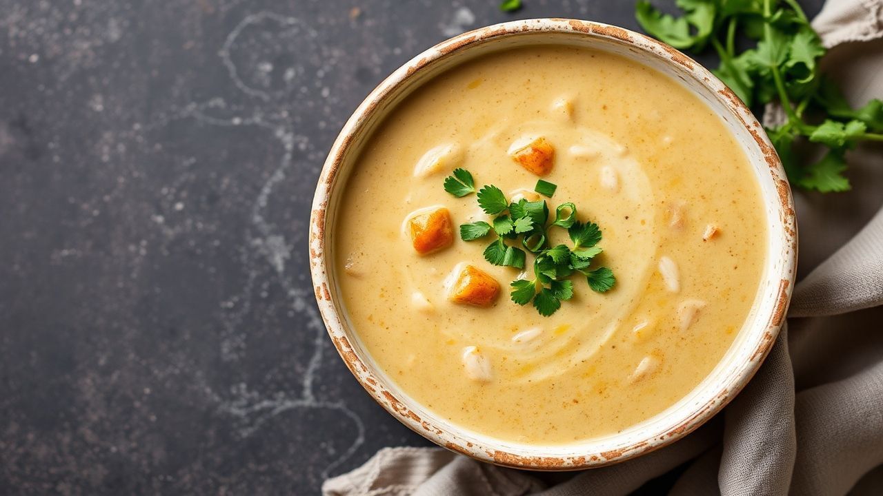 Creamy Tortilla Soup topped with chicken, cilantro, and crispy tortilla strips.