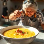 Steaming bowl of Tortilla Soup topped with cilantro and crisp tortilla strips.