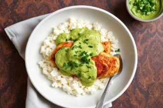 Juicy Peruvian chicken smothered in creamy green sauce with lime and cilantro.