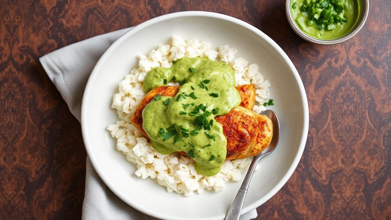 Juicy Peruvian chicken smothered in creamy green sauce with lime and cilantro.
