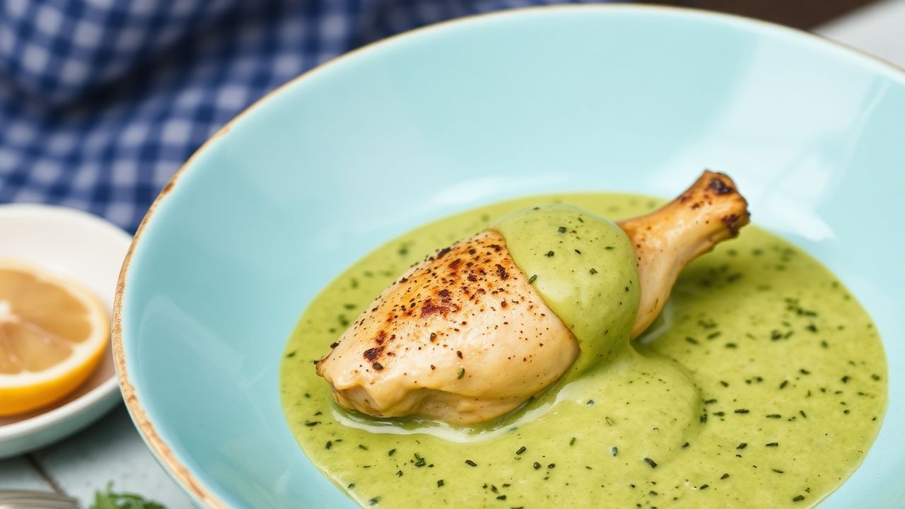 Peruvian chicken masterclass plate with creamy green sauce, cilantro, lime wedges.