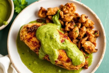 Peruvian chicken with creamy green sauce, bright cilantro, and lime.