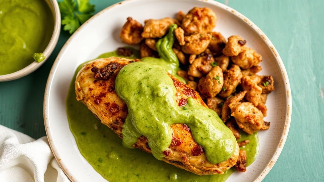 Peruvian chicken with creamy green sauce, bright cilantro, and lime.