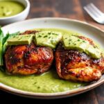 Creamy green sauce over succulent Peruvian chicken on a vibrant plate.