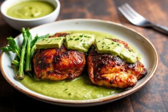 Creamy green sauce over succulent Peruvian chicken on a vibrant plate.