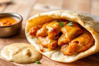 Delicious chicken shawarma with creamy garlic sauce, bursting with authentic flavor.