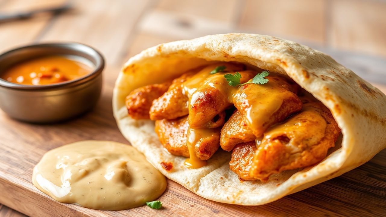 Delicious chicken shawarma with creamy garlic sauce, bursting with authentic flavor.