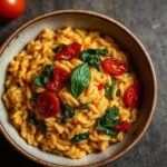 Creamy sun-dried tomato and spinach risotto served in a bowl.