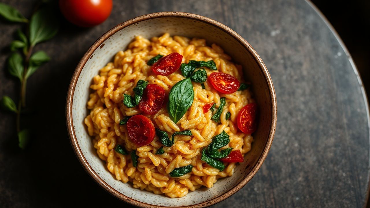 Creamy sun-dried tomato and spinach risotto served in a bowl.