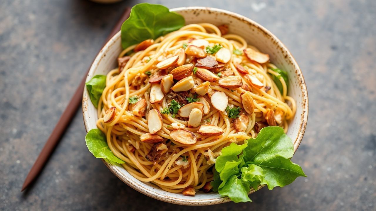 A bowl of crunchy Ramen Salad featuring colorful vegetables and golden toasted noodles.