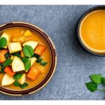 Creamy coconut curry with golden tofu and fresh vegetables, highlighting balanced textures and depth.