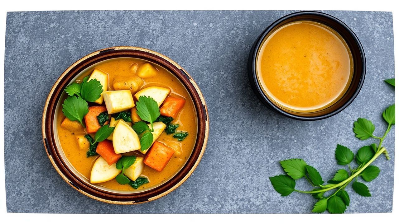 Creamy coconut curry with golden tofu and fresh vegetables, highlighting balanced textures and depth.