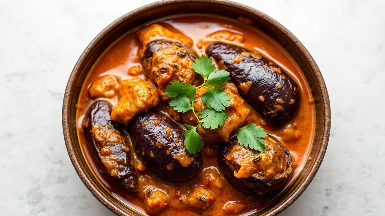 A bowl of rich, silken eggplant curry garnished with fresh herbs and spices.