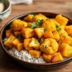 Crispy, pan-seared Aloo Gobi with golden edges showcasing the flavorful Maillard reaction.