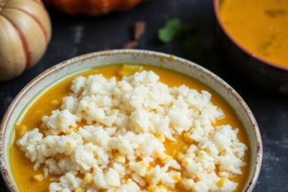 Silken pumpkin curry paired with fragrant jasmine rice and garnished with fresh herbs.