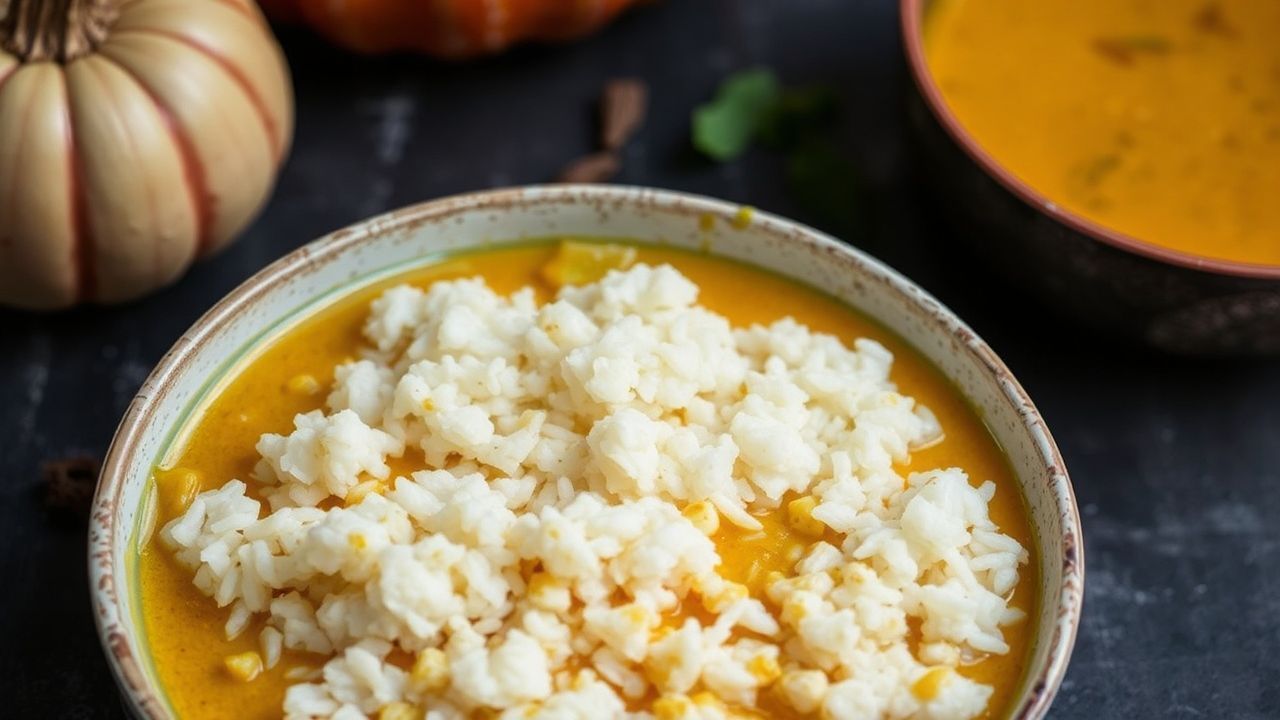 Silken pumpkin curry paired with fragrant jasmine rice and garnished with fresh herbs.