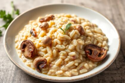 Creamy chicken and mushroom risotto, a humble dish elevated.
