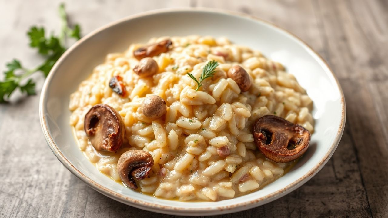 Creamy chicken and mushroom risotto, a humble dish elevated.