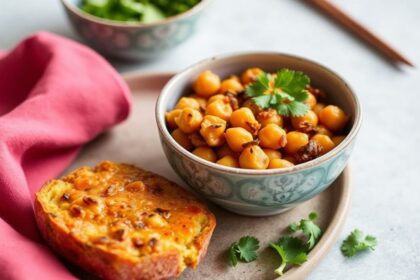 Hearty vegan chickpea curry bake with vibrant spices.