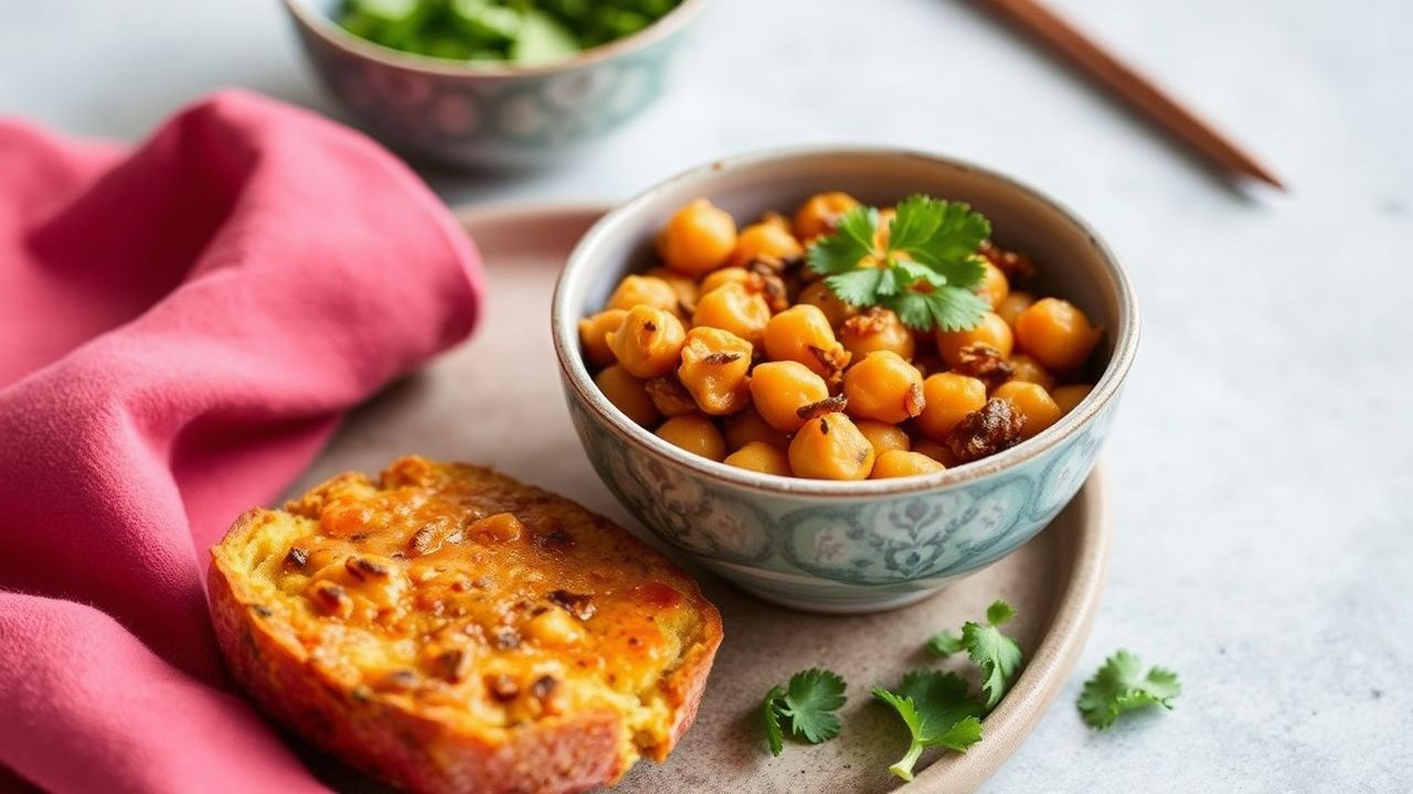 Hearty vegan chickpea curry bake with vibrant spices.