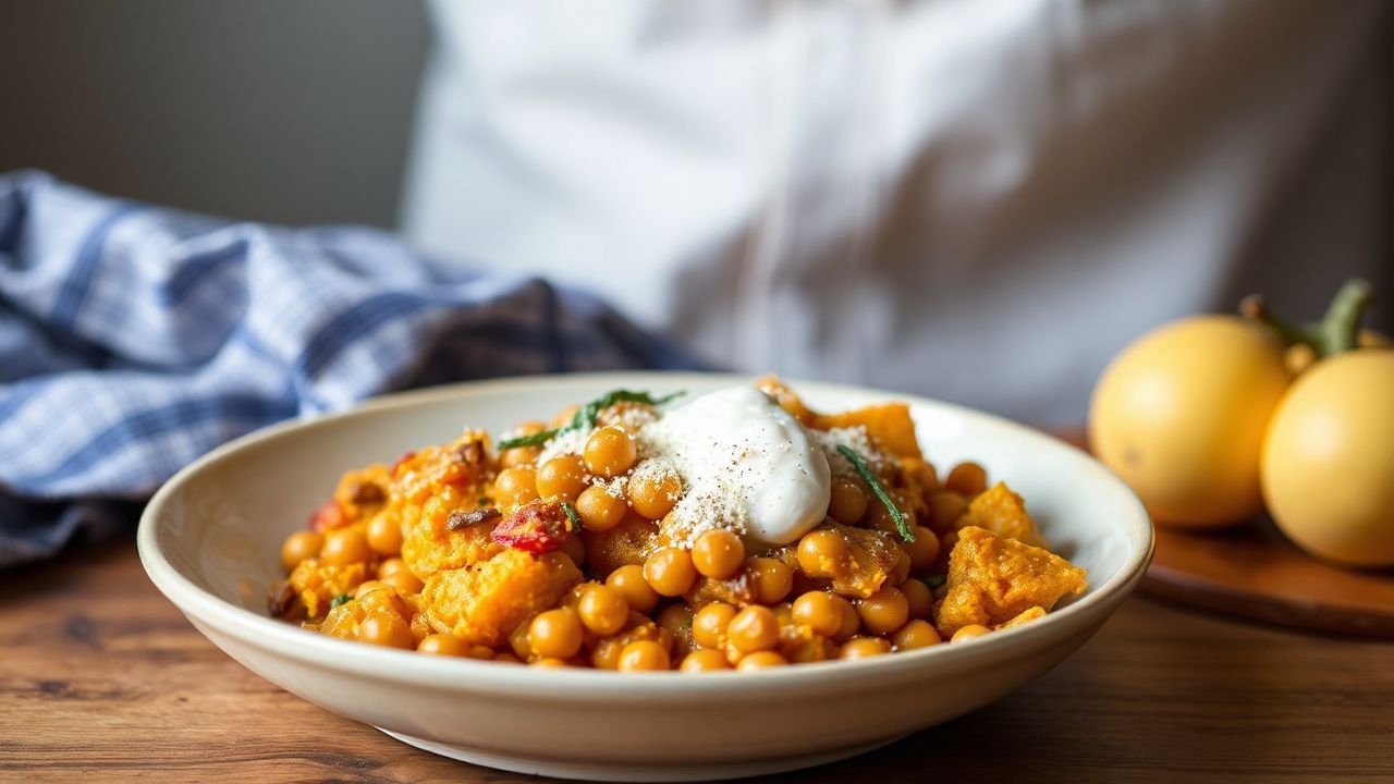Hearty butternut chickpea bake, a cozy autumn comfort food.