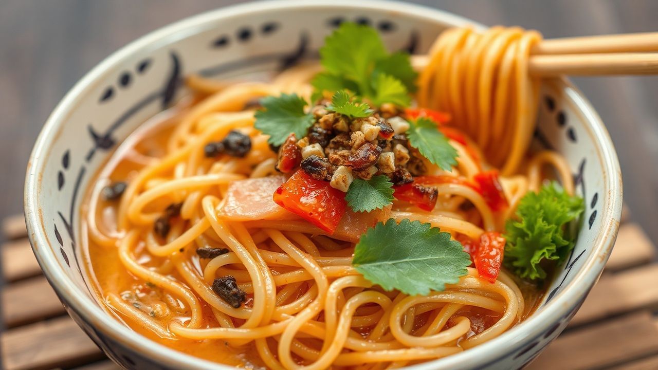 Vibrant ramen salad with fresh vegetables and savory toppings.