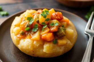 Rich vegetable curry with potatoes, showcasing diverse flavors.