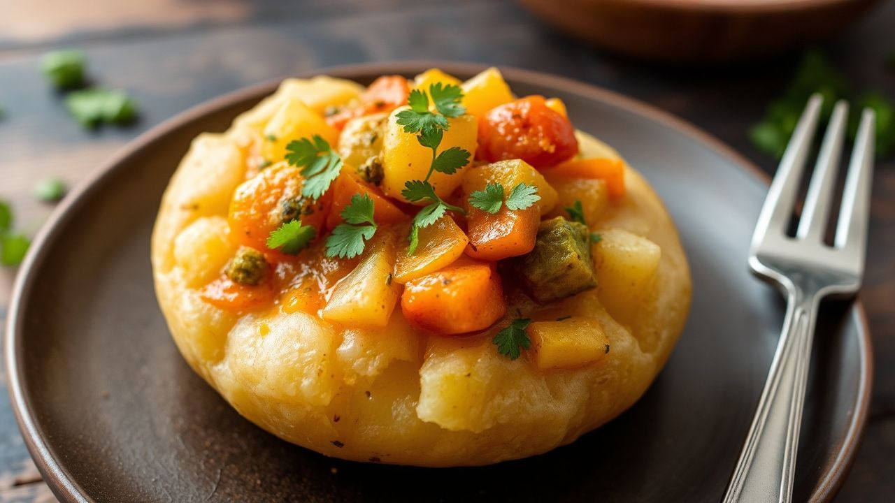 Rich vegetable curry with potatoes, showcasing diverse flavors.