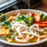 A steaming bowl of flavorful vege pho, showcasing fresh ingredients.