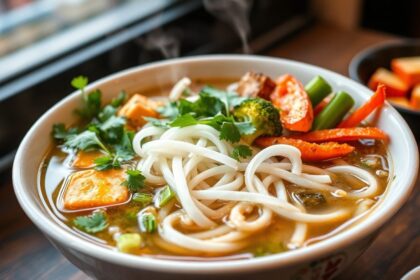 A steaming bowl of flavorful vege pho, showcasing fresh ingredients.