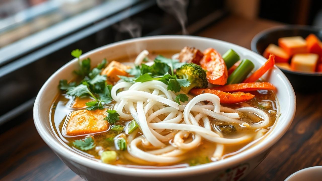 A steaming bowl of flavorful vege pho, showcasing fresh ingredients.