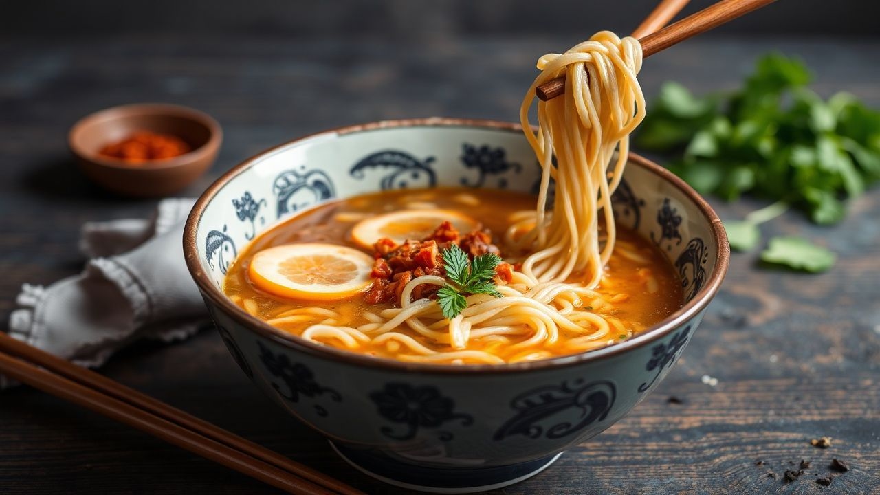 Rich vegan ramen in a steaming bowl, artfully garnished.